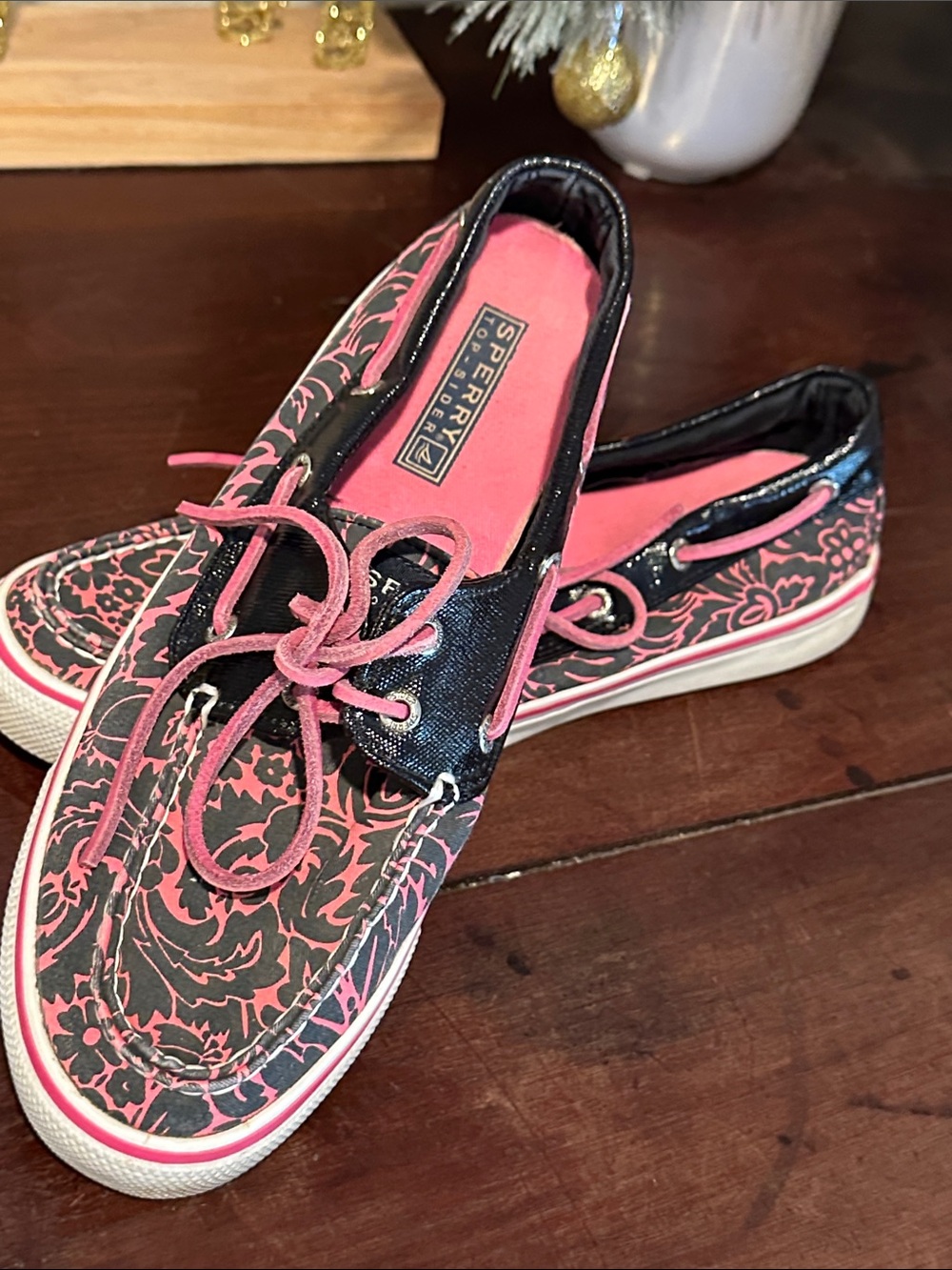 Sperry Black Canvas Sneakers with Pink Floral Print